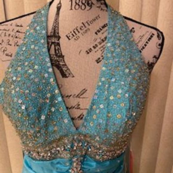 *FINAL PRICE* Stylish Turquoise Taffeta Halter Formal Prom Gown Size 6 - Picture 6 of 15